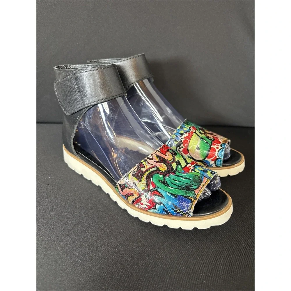 All Black Brand Sandals in Vibrant Multi Color Art Graffiti Print, Size‎ 6